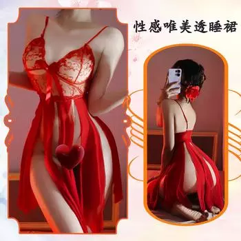 Сексуальное нижнее белье сексуальная сетка прозрачный тюль подтяжки ночная рубашка большой размер кружева пижамы воздержание женщины One size красный