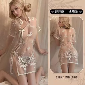 Сексуальное нижнее белье, сексуальная перспектива, вышивка, вышивка, набор ципао, искушение, черно-белый, синий, зеленый, красный, пятицветный стиль average size [80-60kg]