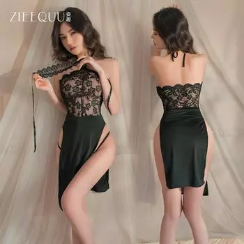 Сексуальное нижнее белье сексуальная ночная сорочка женское кружево соблазнение высокий разрез горячий ремешок на шее новогодний костюм one size fits all