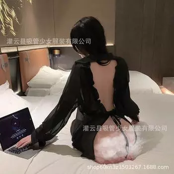 Сексуальное нижнее белье сексуальная открытая спина рубашка бойфренда длинный рукав бретельки красивая спина шифоновая рубашка для дома average size