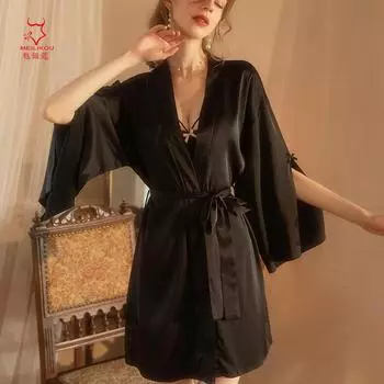 Сексуальное нижнее белье, сексуальная пижама, летняя женская, тонкий искусственный шелк, чистое желание, стальное кольцо, маленькая грудь, подтяжки, комплект халата 1810. .