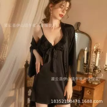 Сексуальное нижнее белье, сексуальная однотонная пижама, чистое желание, высокое чувство, отдельная комната, полая юбка на подтяжках, комплект халата на шнуровке 1538 .