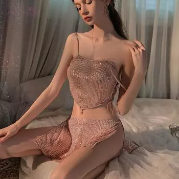 Сексуальное нижнее белье, сексуальная сетка с пайетками, карман на животе, разрез, юбка, чистое желание, униформа, искушение, пижамный комплект One Size