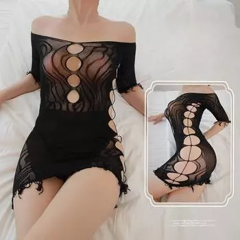 Сексуальное нижнее белье, сексуальная сетчатая одежда, соблазнительный черный шелк, разорванная экипировка, ягодицы с бахромой можно порвать, девушка из жаккарда на плечах One size