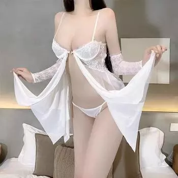 Сексуальное нижнее белье, сексуальное платье с глубоким V-вырезом, чистое желание, маленькая грудь показывает большое кружево One size (80-70kg)