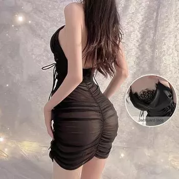 Сексуальное нижнее белье, сексуальное кружево с глубоким вырезом, прозрачное искушение, сетчатая плиссированная пижама и ночная рубашка.