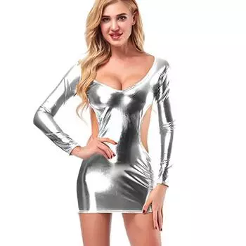 Сексуальное нижнее белье сексуальное лакированное кожаное длинное рукав дырявая спина бедра юбка игровое платье S