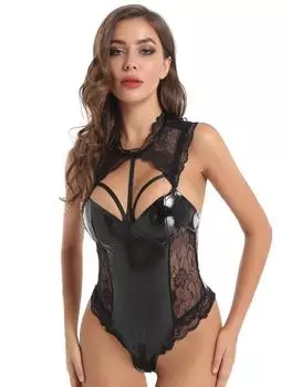 Сексуальное нижнее белье сексуальное женское черное лакированное кожаное цельное полое нижнее белье S
