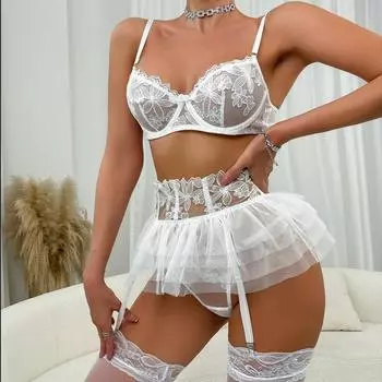 Сексуальное нижнее белье сексуальное кружевное сетчатое бикини из трех частей юбка-пачка пояс для чулок S