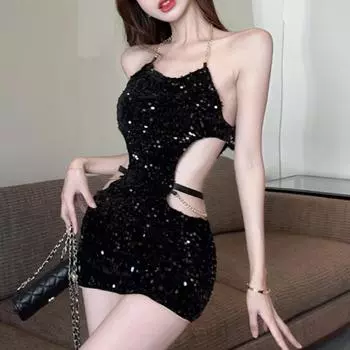 Сексуальное нижнее белье сексуальное платье с пайетками на шее и талии чистое желание цепочка завязывается на талии и бедрах платье женщины average size 80-60kg