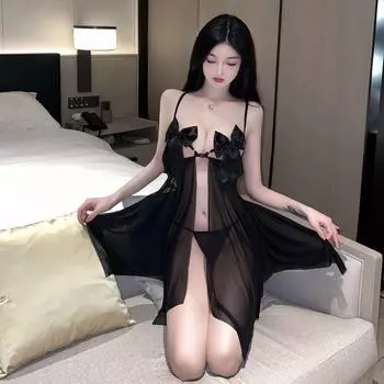 Сексуальное нижнее белье сексуальное полое перспектива бант разрез халтер страсть сетчатая ночная рубашка M