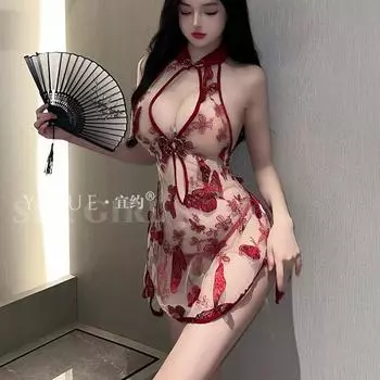 Сексуальное нижнее белье сексуальное горячее чонсам античный бабочка цветок перспектива сетка шнуровка униформа пижама женская One size