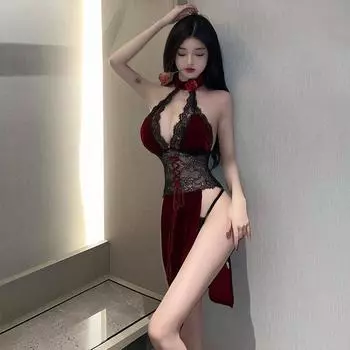 Сексуальное нижнее белье сексуальное кружевное перспективное с высокой талией и разрезом розовое танцевальное платье принцессы премиум-класса Cheongsam Uniform Set One size [can wear 80-62.5 kg]