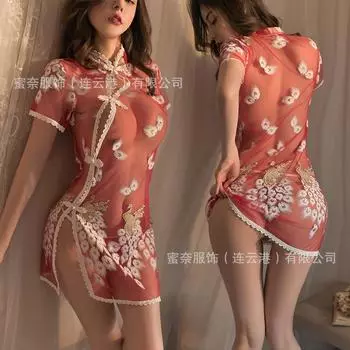 Сексуальное нижнее белье сексуальные женщины свободны от страсти искушения чистого желания прозрачный чонсам кружево вышивка перспектива пижамы женщины average size 80-60 kg