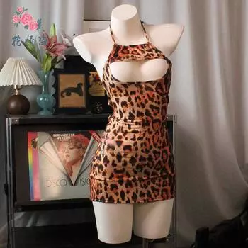 Сексуальное нижнее белье сексуальный леопардовый принт ночной клуб косплей униформа соблазн шнуровка полая горячий наряд One size