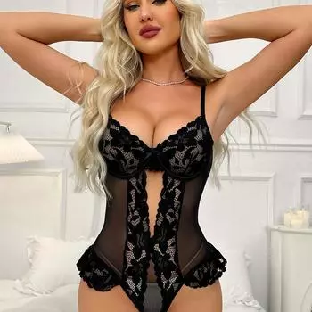 Сексуальное нижнее белье сексуальный кружевной комбинезон сексуальный подтяжка глубокий V комбинезон женский S чёрный