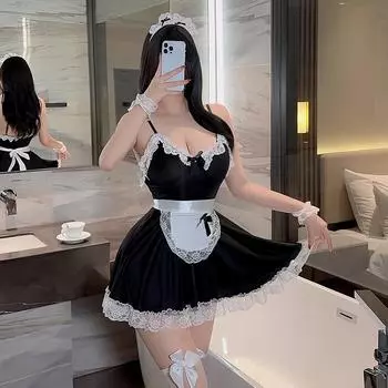 Сексуальное нижнее белье, сексуальный комплект униформы горничной, глубокий V-образный комплект соблазнения горничной, бант, шнуровка, косплей комплект average size 80-60kg