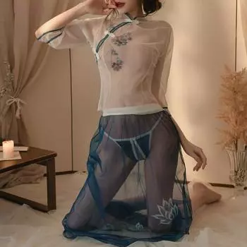 Сексуальное нижнее белье, сексуальный классический принтованный чонсам, ретро-темперамент, горячая перспектива открытого униформа костюм One size