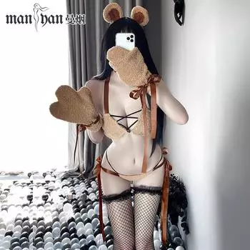 Сексуальное нижнее белье сексуальный замшевый милый костюм хорошо воспитанный плюшевый мишка ремень трехточечный костюм униформа One size