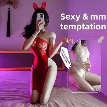 Сексуальное нижнее белье соблазнительное выдолбленное кружево сексуальная страсть высокий разрез горячее длинное платье шея воздержание One Size