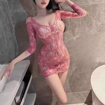 Сексуальное нижнее белье средний рукав полый сетчатый плащ юбка на бедрах большой халтер сексуальная перспектива цельный сетчатые носки W One size