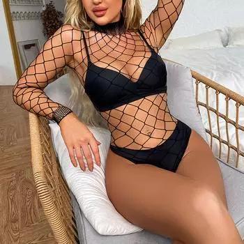 Сексуальное нижнее белье в сеточку, прозрачное нижнее белье, боди, женские сексуальные ночные рубашки One size чёрный