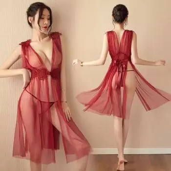 Сексуальное нижнее белье высокого класса сексуальное женское глубокое V-образное сетчатое платье длинное платье сзади ремень на талии, искушение костюм one size fits all