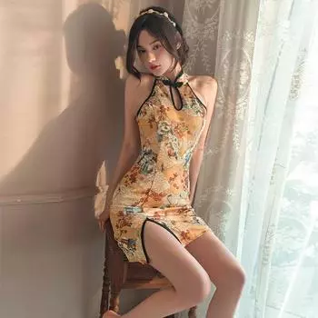 Сексуальное нижнее белье высокого класса с разрезами по краям без рукавов с принтом чонсам ночной клуб обтягивающая униформа соблазнительный костюм женщины Average size 80-62.5 kg
