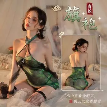 Сексуальное нижнее белье, зеленое платье-чонсам с подвеской в виде змеи, косплей, сексуальный воротник-стойка, бретелька на шее, сетчатое платье из шелка с перспективой, облегающее бедра average size