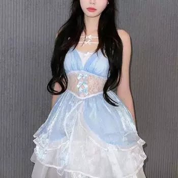 Сексуальное нижнее белье Жемчужно-голубое с бантом Подвязки Платье с глубоким V-вырезом Сексуальное женское Сладкое кружево One size