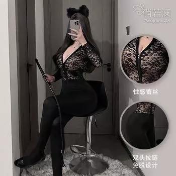 Сексуальное нижнее белье женское сексуальное кружевное перспектива вверх и вниз двухсторонняя молния промежность обтягивающий большой размер свободно-на-брать комбинезон M [can wear 80-60kg]