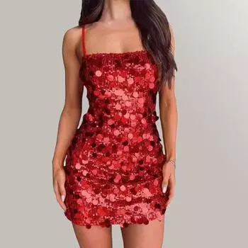 Сексуальное облегающее мини-платье с пайетками для женщин, блестящее вечернее платье на тонких бретельках, без рукавов, с открытой спиной, блестящее клубное вечернее платье M чёрный