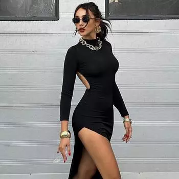 Сексуальное облегающее платье Hottie с длинными рукавами и вырезом на спине S чёрный