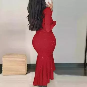 Сексуальное облегающее платье с длинным рукавом и V-образным вырезом, горячее платье-стрейч с пайетками для вечеринки, свадьбы S красный