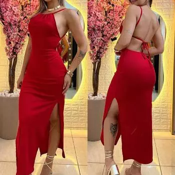 Сексуальное облегающее платье с открытой спиной, элегантное платье для вечеринки и клуба для женщин, однотонный женский наряд, модное длинное платье без рукавов с вырезом-халтер L красный