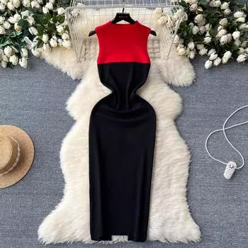 Сексуальное облегающее платье с разрезом на бедрах, длинное платье 2024 года, новое модное трикотажное летнее платье без рукавов, уличная женская одежда One Size бежевый