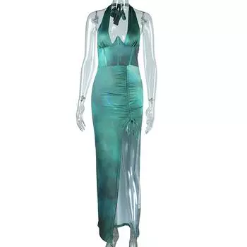 Сексуальное облегающее платье в европейском и американском стиле с V-образным вырезом, разрезом на шее, юбкой средней длины с завязками на завязках, юбкой-пуловером L зелёный