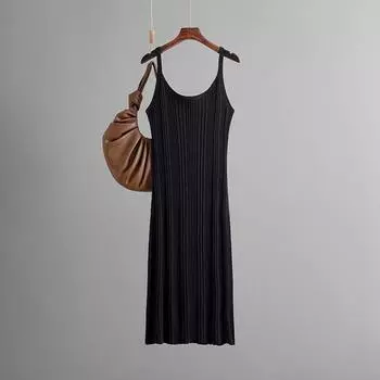 Сексуальное облегающее вязаное платье с утягивающей талию отделкой, летнее простое однотонное платье на бретелях, длинная юбка OneSize чёрный