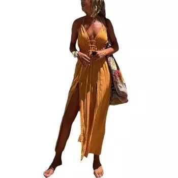 Сексуальное однотонное платье с бретелью через шею и двойным разрезом по подолу S