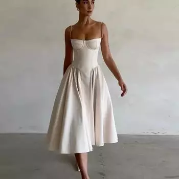 Сексуальное однотонное плиссированное платье-слинг с подолом, женская мода, миди, без рукавов, с открытой спиной, женские летние вечерние платья А-силуэта S света кофе