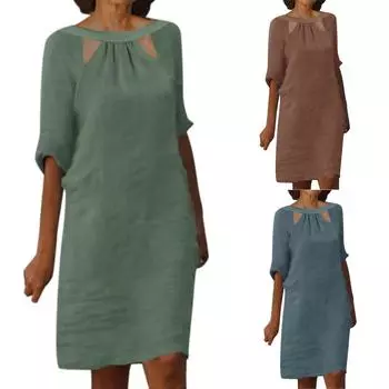 Сексуальное однотонное женское платье со складками и круглым вырезом, повседневная юбка до колена L синий