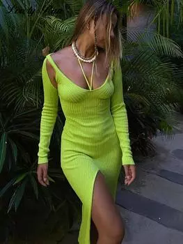 Сексуальное открытое платье, женское зеленое платье-комбинация с длинным рукавом и разрезом по бокам, женские осенне-зимние модные шикарные женские платья S чёрный