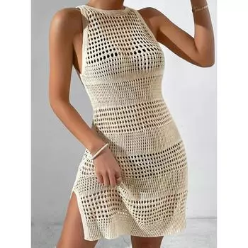 Сексуальное открытое трикотажное платье с разрезом, женское летнее тонкое платье Y2k с круглым вырезом без рукавов, женская мода, шикарная однотонная уличная одежда, одежда для вечеринок S кожа буйвола