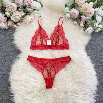 Сексуальное перспективное кружевное нижнее белье женское любовное флокированное сетчатое французское треугольное чашечное секс-стринги комплект S