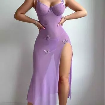 сексуальное перспективное сетчатое соблазнительное кружевное платье-халтер с высоким разрезом на подтяжках S