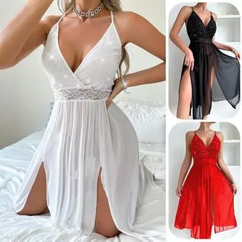 Сексуальное пижамное платье с V-образным вырезом, черное длинное платье, юбка, прозрачные блестящие ночные рубашки с подтяжками, сексуальное нижнее белье, сетчатая пижама с открытой спиной XS белый