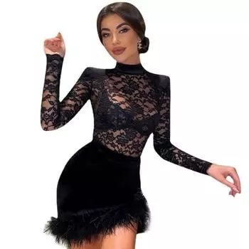 Сексуальное платье204 Осень Новое Сексуальное облегающее Кружевное лоскутное Замшевое меховое Прозрачное платье-юбка Женщины Black S