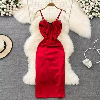 Сексуальное платье без рукавов для горячих девушек на подтяжках, модное женское темпераментное атласное платье из ацетата, облегающее платье с тонким разрезом