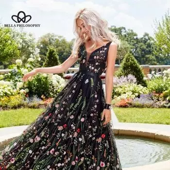 Сексуальное платье без рукавов с глубоким V-образным вырезом и вышивкой, тонкое платье с открытой спиной, бальное платье, длинное платье, платье в вечернем стиле S чёрный