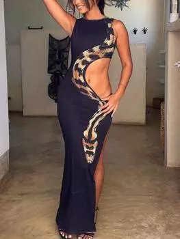 Сексуальное платье без рукавов Y2k с полым вырезом, женские платья в стиле ретро с разрезом и круглым вырезом, платья с принтом, женская мода, шикарная винтажная тонкая праздничная одежда, летняя одежда M чёрный